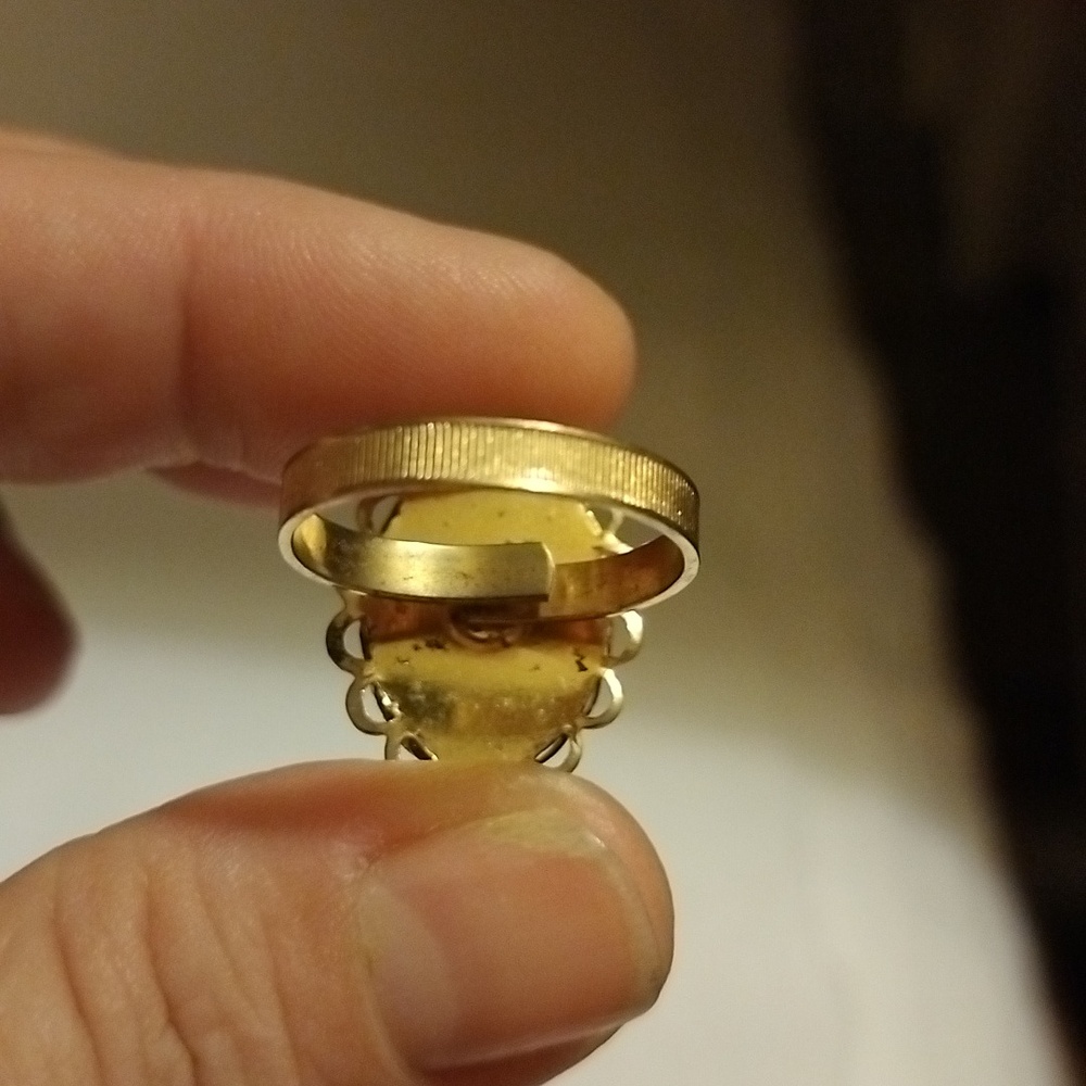 Vintage Czech Sand Stone Set In Gold Tone Filagree Adjustable Band Marked - Picture 4 of 12
